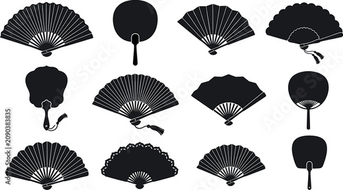 Fotografía Traditional oriental hand fan collection featuring detailed black silhouettes of