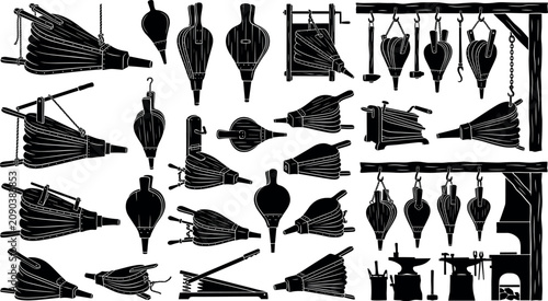 Фотография Vintage fireplace bellows collection featuring black silhouettes of traditional