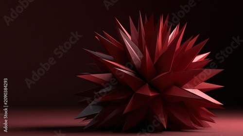 Cinematic 3D render displays a red angular shape with spikes on a dark backdrop invoking a sense of tension and drama in its form