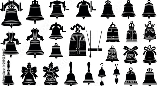 Konstfotografi Vintage bell collection featuring detailed black silhouettes of antique church b