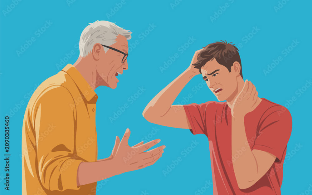 Fototapeta premium An older man argues with a frustrated young man indoors.
