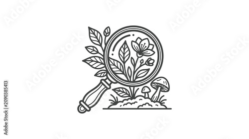 Creative Black and White Line Art of Magnifying Glass Examining Forest Flora and Fungi with high quality professional line art symbols for modern creative design and digital branding projects