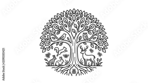 Creative Black and White Line Art of a Tree with Wildlife Habitat Featuring Owl Deer Rabbit Squirrel and Bird