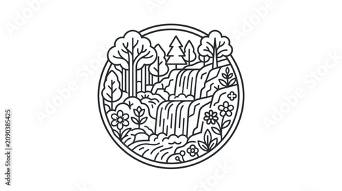 Creative Black and White Line Art of a Lush Forest with Waterfall and Floral Elements in Circular Frame