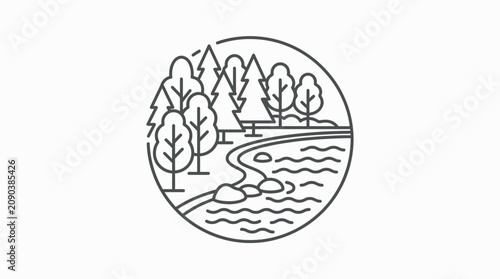 Creative Black and White Line Art of Forest Landscape with River and Trees in Circular Frame with high quality professional line art symbols for modern creative design and digital branding projects