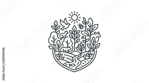 Creative Black and White Line Art of Nature Themed Shield with Birds Plants Sun and Animals with high quality professional line art symbols for modern creative design and digital branding projects