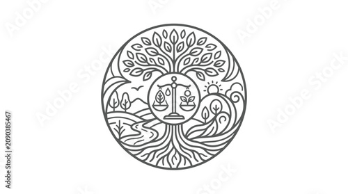 Creative Black and White Line Art Seal Featuring Tree of Justice with Scales Lamp and Nature Elements