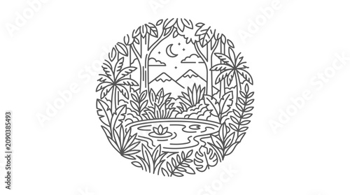 Creative Black and White Line Art of Tropical Forest Oasis with Moonlit Pond and Mountain Silhouettes