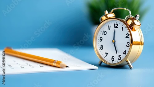 Alarm Clock Pencil Notebook on Blue Background for Study Time Planning