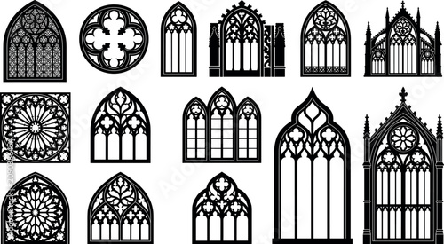 Fotografía Ornate gothic window frames collection featuring detailed black silhouettes of c