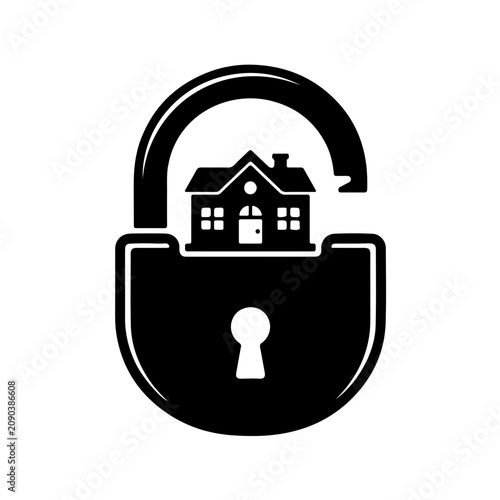 Conceptual black and white icon of an open padlock revealing a school silhouette inside, representing education as the key to opening new opportunities.
