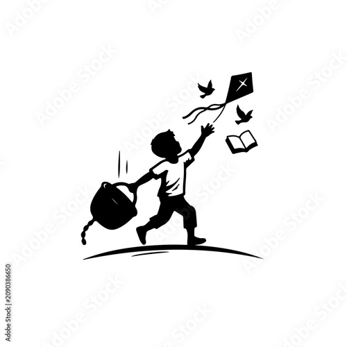 Black and white silhouette of a child releasing a heavy burden to reach and grasp for a flying kite, conceptual metaphor for pursuing dreams and freedom.
 