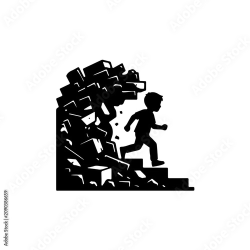 Black and white silhouette of a child stepping out of a pile of heavy boxes or bricks towards the light, conceptual metaphor for freedom and escaping hardship.
 