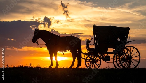 Horse drawn carriage silhouette against a vibrant sunset sky, rural landscape at dusk, dramatic clouds and warm light