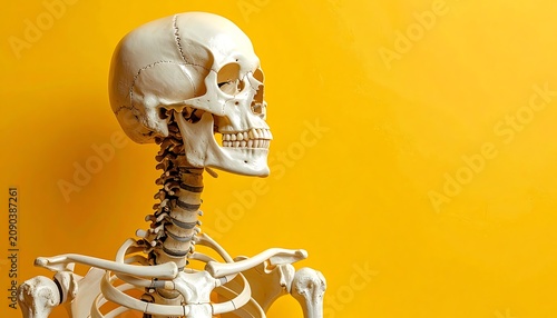Human skeleton torso and head in profile against a vibrant yellow background, anatomical medical study, detailed bone structure