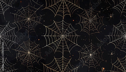 Intricate glowing spiderweb patterns, detailed web threads and geometric structure, mystical night atmosphere with golden highlights