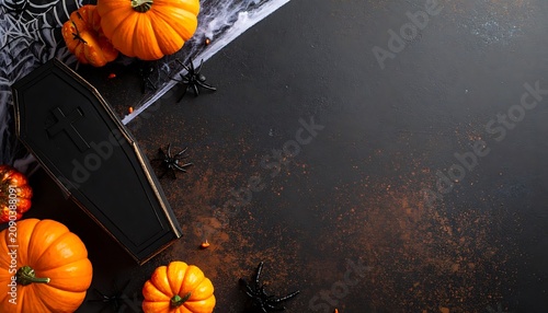 Halloween spooky scene with pumpkins, coffin, spiders, and web on dark textured background with scattered glitter, copy space