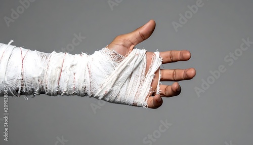 Hand wrapped in white medical bandage, close up showing injury and recovery, healthcare concept