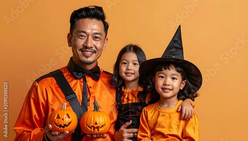 Happy Asian father with two daughters in Halloween costumes holding carved pumpkins, smiling against a warm orange background, celebrating autumn festival