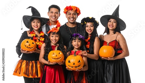 Happy diverse family in Halloween costumes holding carved pumpkins, dressed as witches and celebrating autumn festival, isolated on white