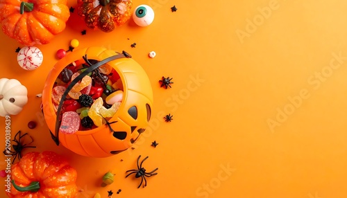 Happy Halloween pumpkin bucket overflowing with colorful assorted candies and spooky decorations, top down view