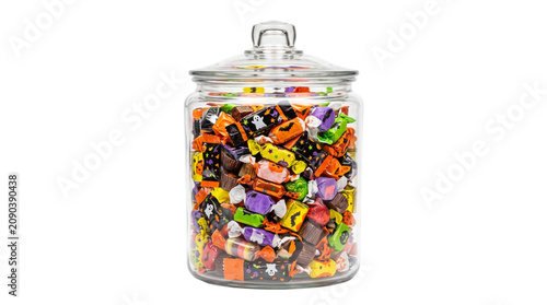 Halloween candy in glass jar, colorful trick or treat sweets in transparent container, festive orange and purple sugar confectionery isolated PNG with Transparent Background