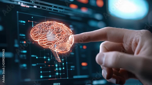 Brain Finger Hologram Technology Interface Digital Hand Touching Glowing Brain