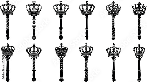 Photos Royal scepter and mace collection featuring detailed black silhouettes with maje
