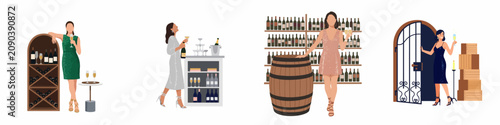 Flat vector illustrations of elegant women enjoying wine and champagne in various settings like cellars, bars, and wine rooms.