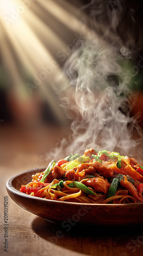 Delicious steaming stir-fried noodles served in a wooden bowl with vegetables