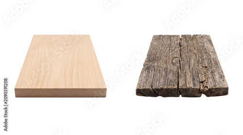 Natural wood plank comparison, smooth light oak timber board and weathered rustic reclaimed wood panel, carpentry and construction materials isolated PNG with Transparent Background