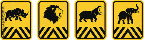 African Wildlife Warning Sign Icon Vector Set with Yellow Road Signs Showing Rhinoceros Lion Roaring Hippopotamus and Elephant Silhouettes