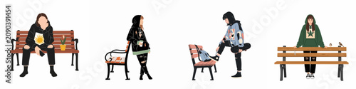 Set of diverse illustrations featuring teenage girls in stylish hoodies sitting, leaning, and standing by park benches in urban streetwear style.