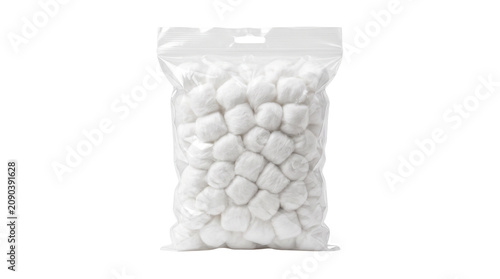 Sterile cotton balls in transparent plastic bag, soft white absorbent cotton wool for medical use, professional cosmetic hygiene supplies isolated PNG with Transparent Background