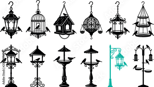 Photos Vintage bird feeder and birdhouse collection featuring detailed black silhouette