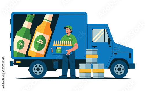 Man delivering drinks and beer in a truck on the street