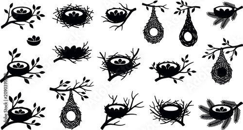Bild auf Leinwand Wild bird nest collection featuring detailed black silhouettes of tree branches