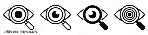 Eye search vector icons with vision, inspection and magnifier symbols for monitoring, search, visibility and digital interface applications