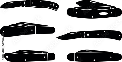 Vintage folding pocket knife collection featuring black silhouettes of classic jackknives and multi blade utility tools for outdoor survival themes