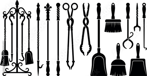Photos Vintage fireplace tool collection featuring detailed black silhouettes of antiqu