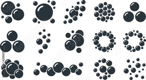 Obraz na płótnie Set of fifteen abstract bubble clusters and soap foam in solid black on a white