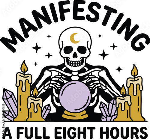 Foto Skeleton fortune teller with crystal ball, candles, and crystals with text manif