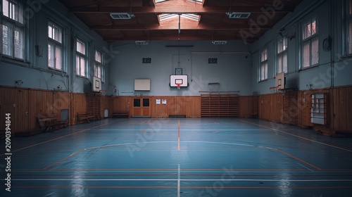 Empty european school gymnasium for football basketball and handball sports training with indoor court and physical education facility