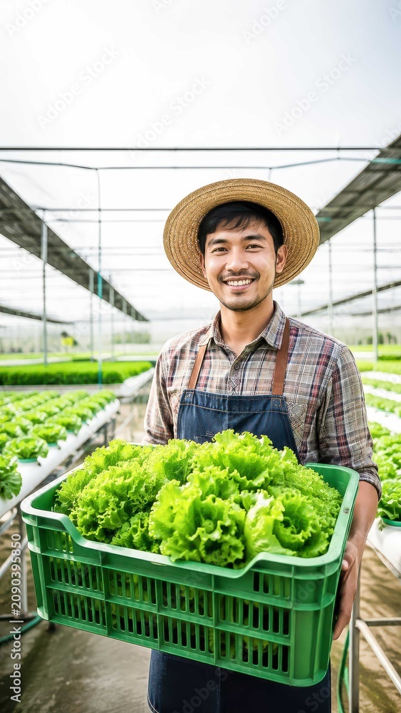 Obraz premium Happy Farmer Holding Fresh Lettuce smiling farmer wearing a straw hat and apron proudly holds a crate brimming with fresh, vibrant green lettuce inside a modern greenhouse.