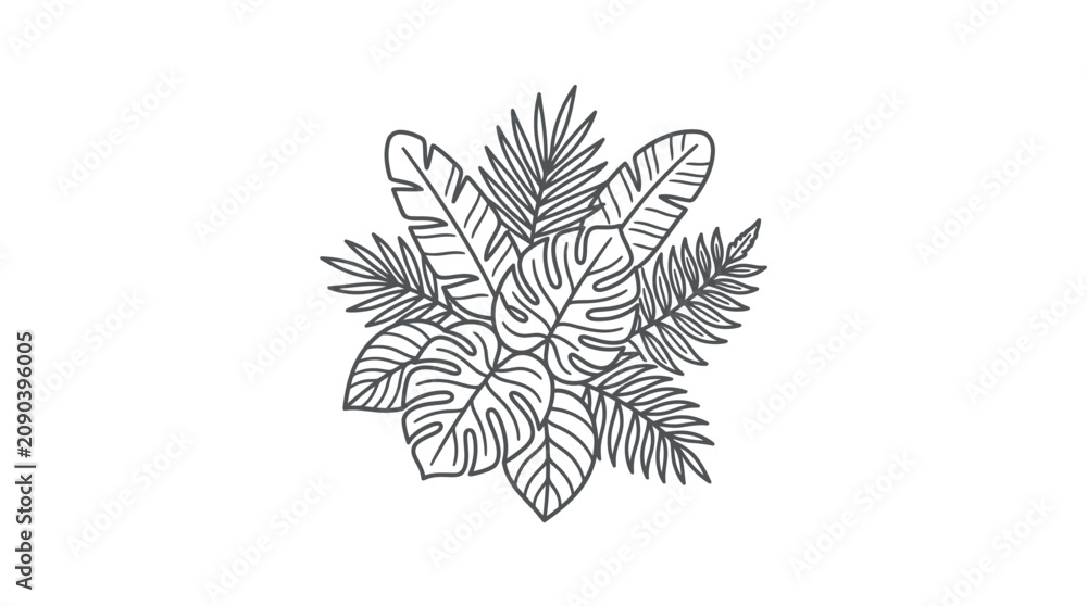 Fototapeta premium Elegant Monochromatic Botanical of Tropical Leaves and Ferns in Minimalist Line Art Design with high quality professional line art symbols for modern creative design and digital branding projects