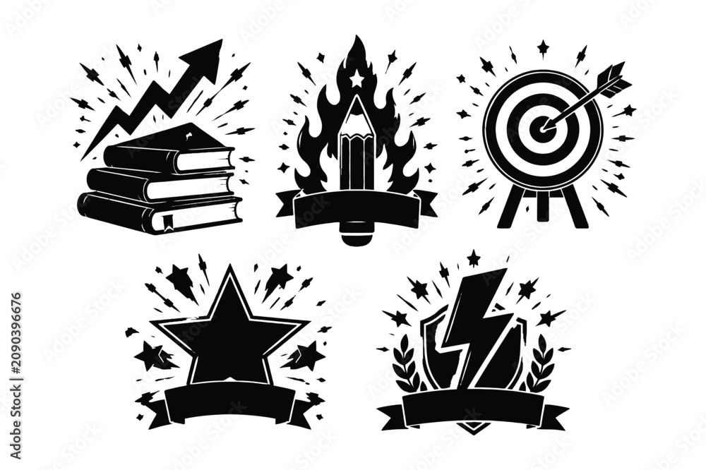 Fototapeta premium Education and success achievement badges set with education lightning achievement