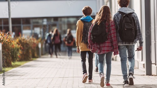 High school students walking together from behind on campus with copy space for education text