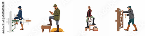 Photos Vector illustration set of equestrian professionals and riders engaged in various stable activities and horse show preparation isolated on a white background