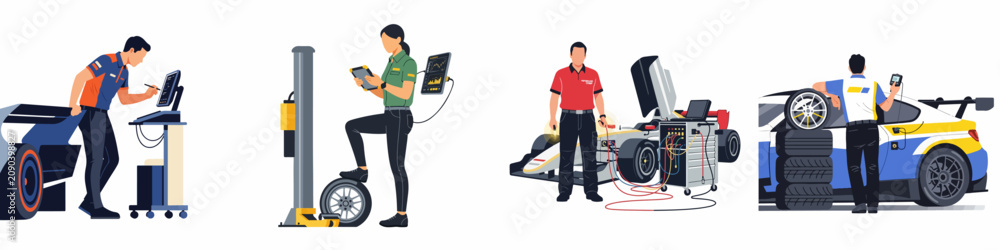 Obraz premium Professional racing mechanics and technicians using advanced diagnostic tools to service high-performance race cars in a garage or pit lane.