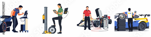 Professional racing mechanics and technicians using advanced diagnostic tools to service high-performance race cars in a garage or pit lane.